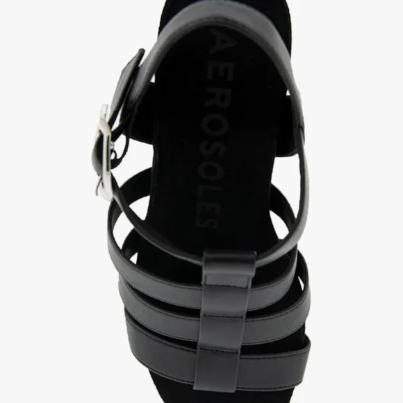 AEROSOLES Black Wedge Sandals with Strappy Design - Picture 3 of 9
